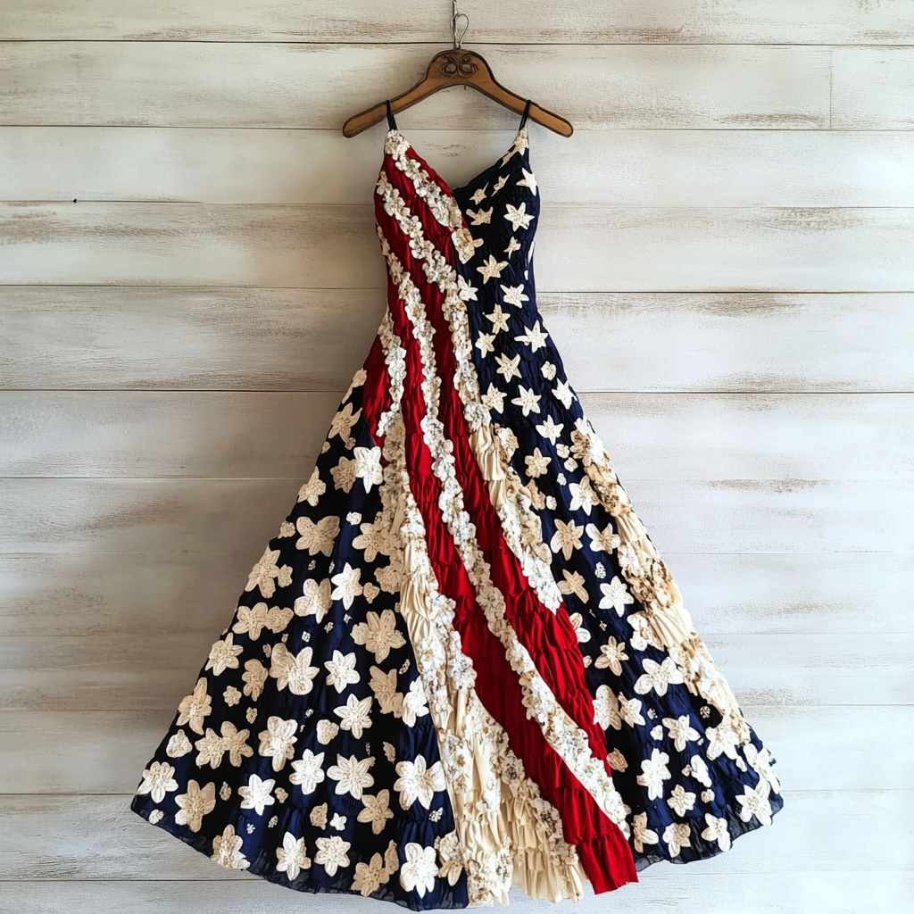 Comstylish Women's Vintage Independence Day Flag Flower Art Linen Slip Dress