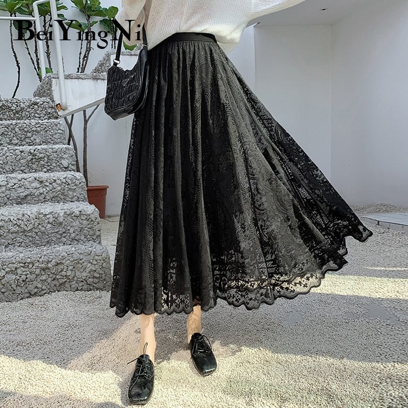 Beiyingni Lace Midi Skirt Woman Solid Color Hollow Out Maxi Long Black Skirts Womens Pleated Korean High Waist Jupe Saias Lining