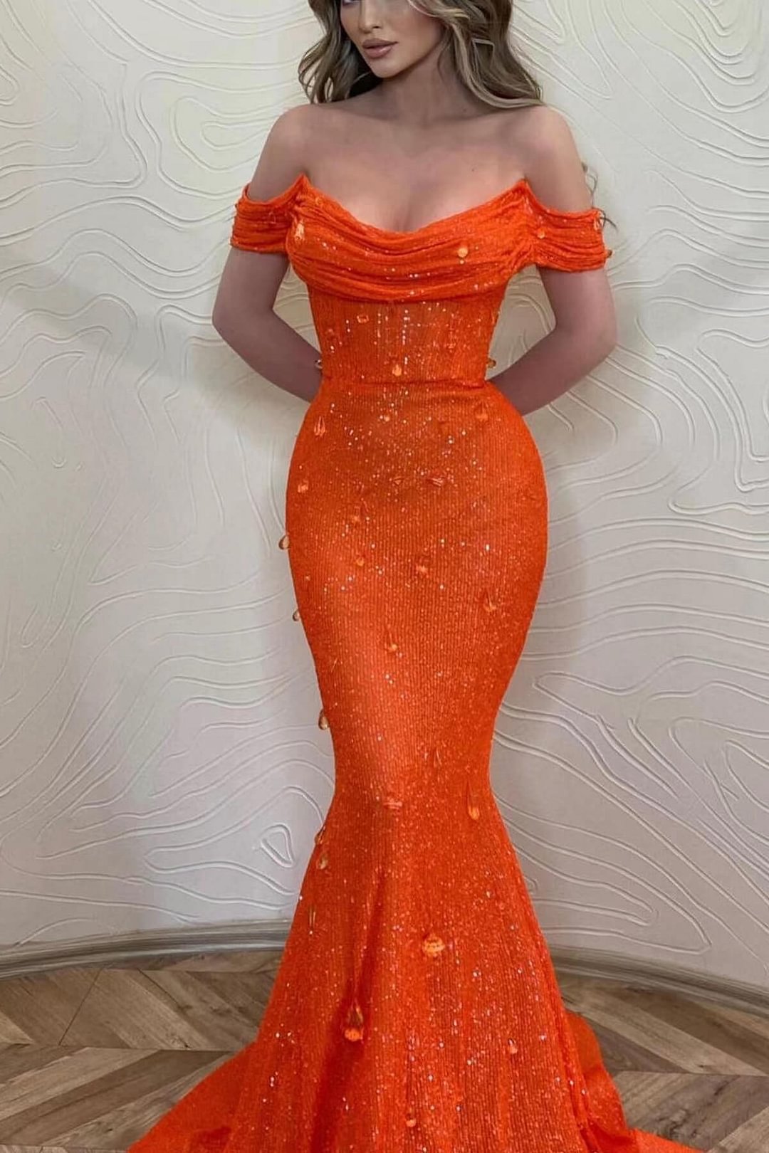 Mermaid Orange Off-The-Shoulder Prom Dress With Sequins | Ballbellas Ballbellas