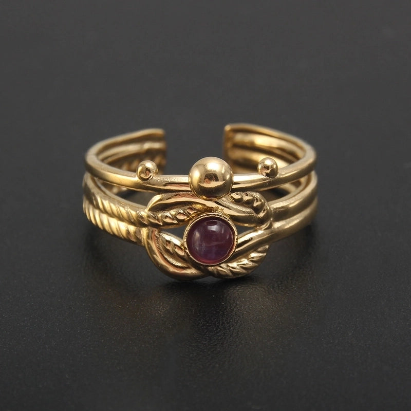 304 Stainless Steel 18K Gold Plated Baroque Style Plating Inlay Solid Color Natural Stone Open Rings