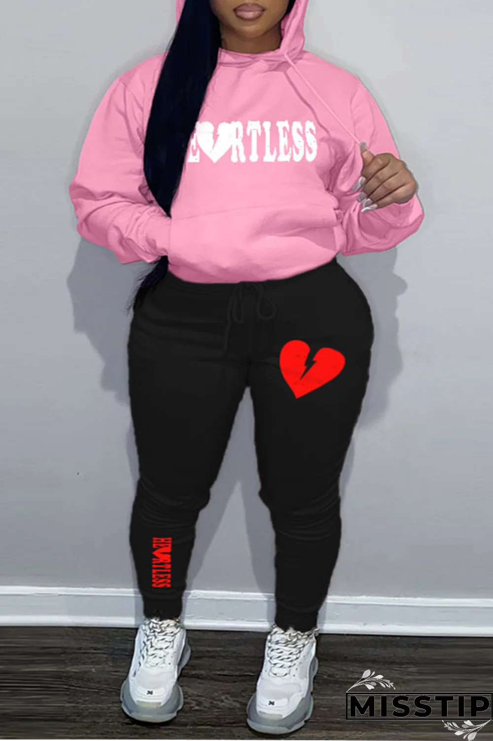 Light Pink Street Print Draw String Hooded Collar Plus Size Two Pieces