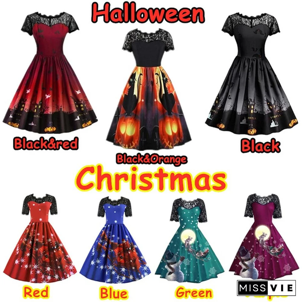 7 Colors Women Fashion Pumpkin Snowflake Print Dress Short Sleeve Lace Dress Christmas Halloween Costume Knee Length Party Dresses