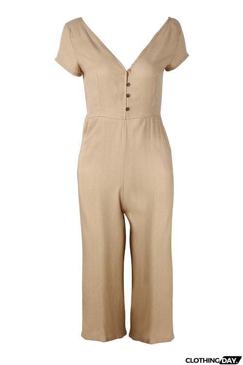 Button Pocket V Neck Jumpsuit