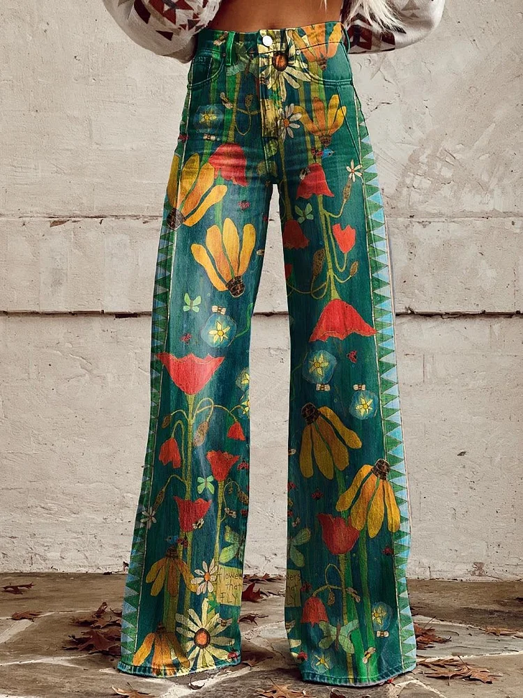 Women's Green Flower Print Casual Wide Leg Pants