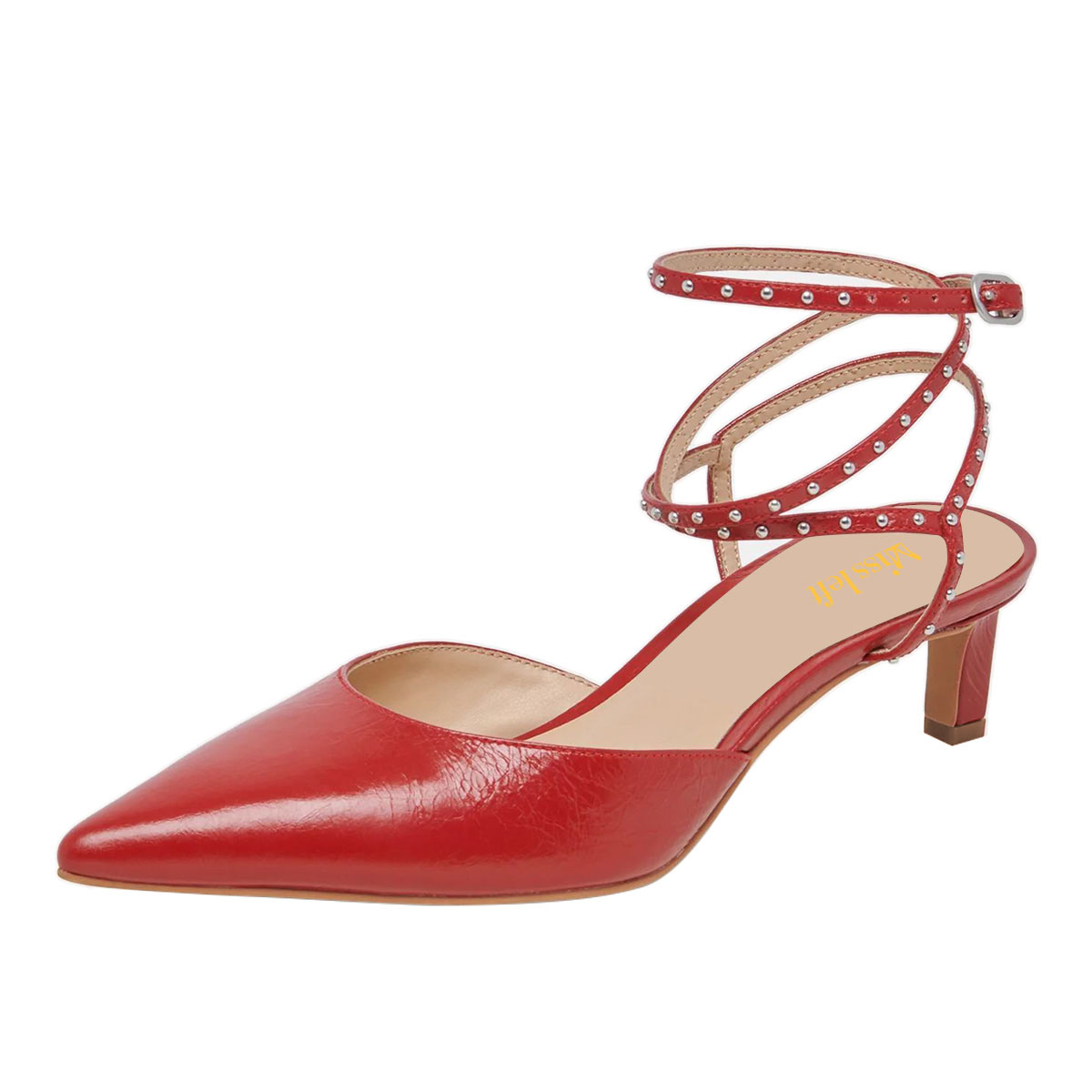 Red Studs Buckle Ankle Strap Pointed Toe Kitten Heel Women's Sandals Nicepairs