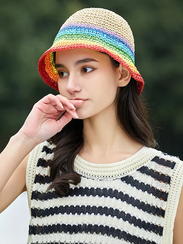 Sun-Protection Contrast Color Short Brim Striped Woven Fisherman Hat Hats&Caps