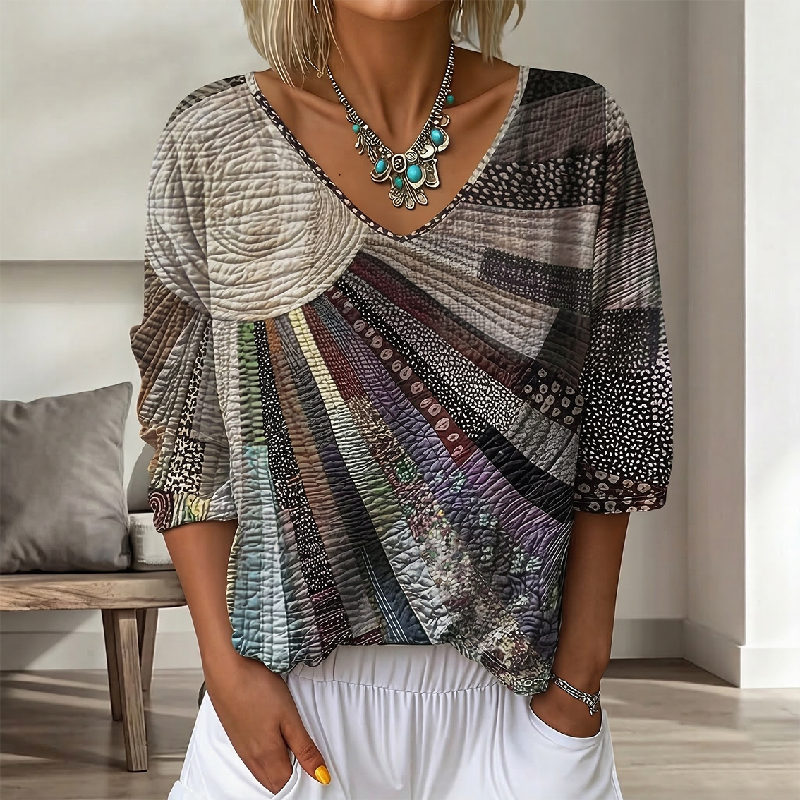 Comstylish Women's Vintage Floral In Gradient Art Print Flowy Linen Blend Three-quarter Sleeve V Neck Linen Tops