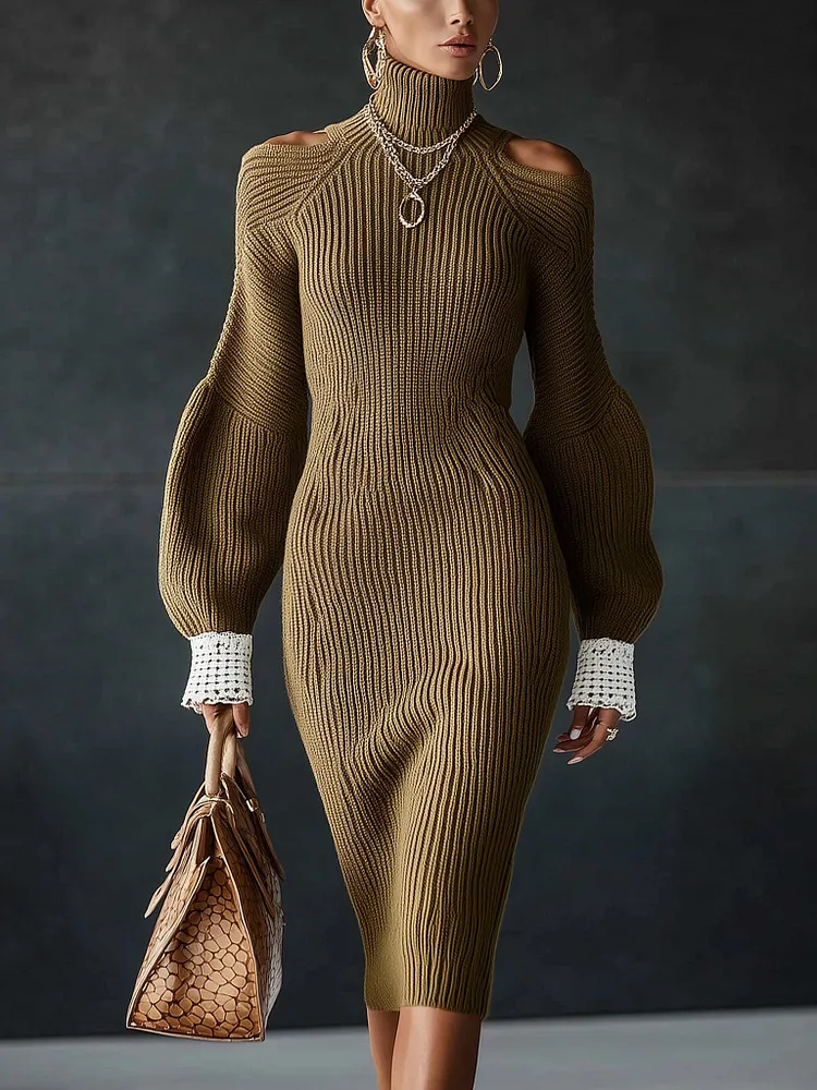 Olive Ribbed Knit Cold Shoulder Long Sleeve Bodycon Dress