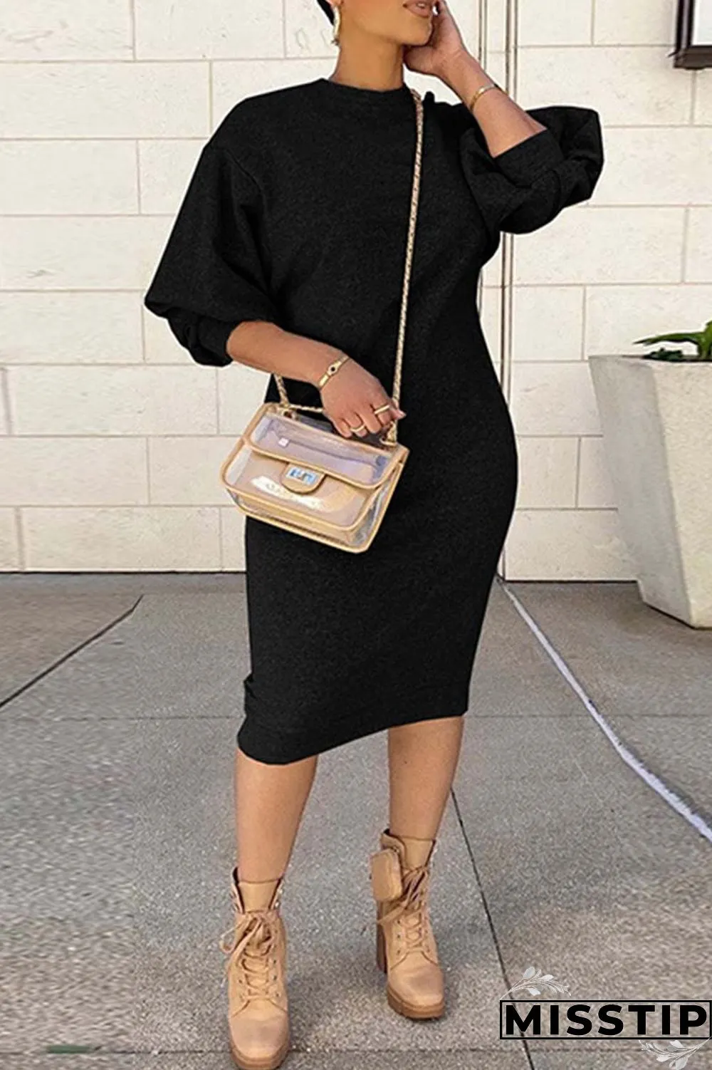 Brown Casual Solid Basic O Neck Long Sleeve Dresses
