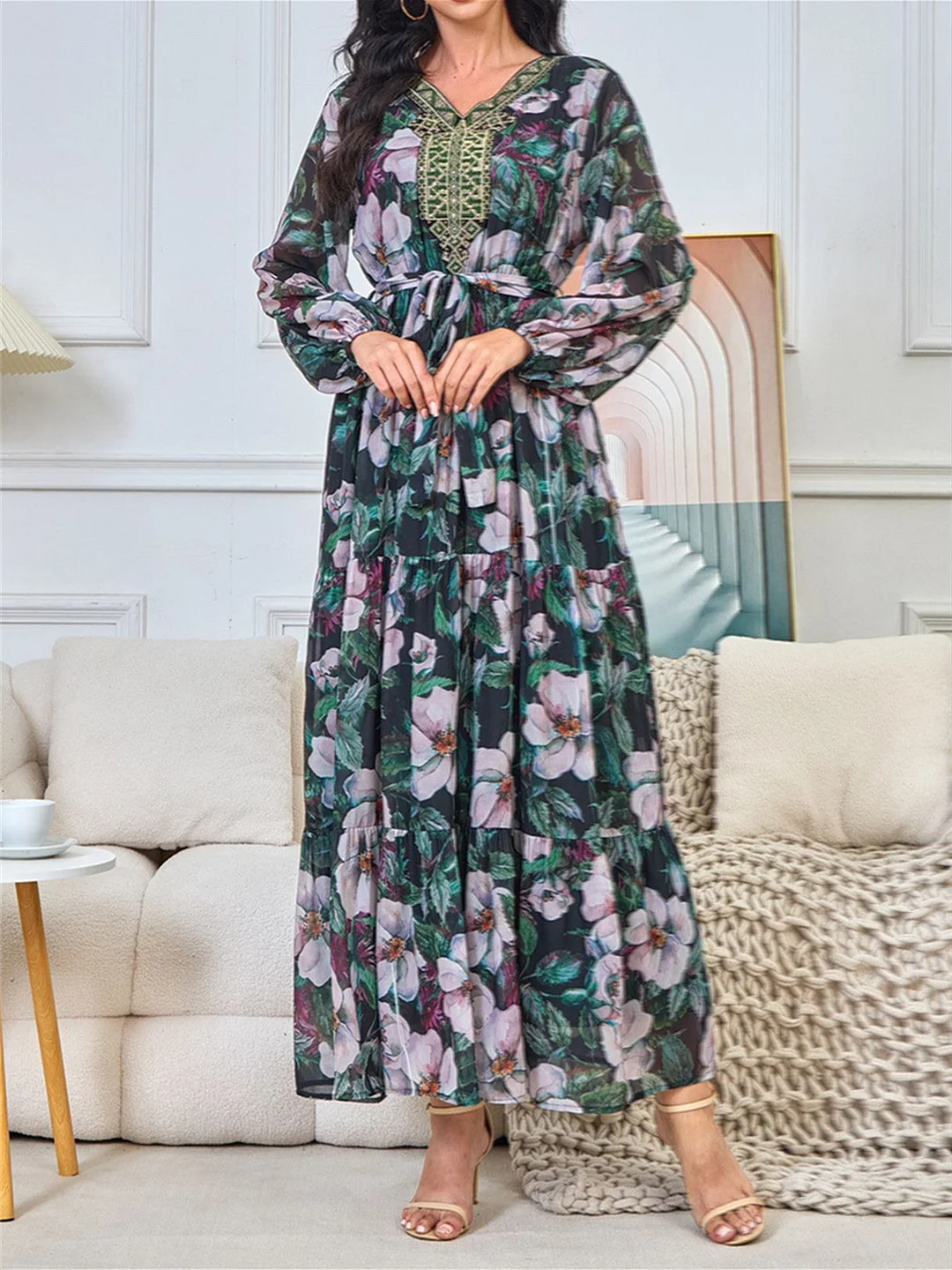 Women's Long Sleeve V-neck Floral Printed Lace Stitching Lace-up Maxi Dress