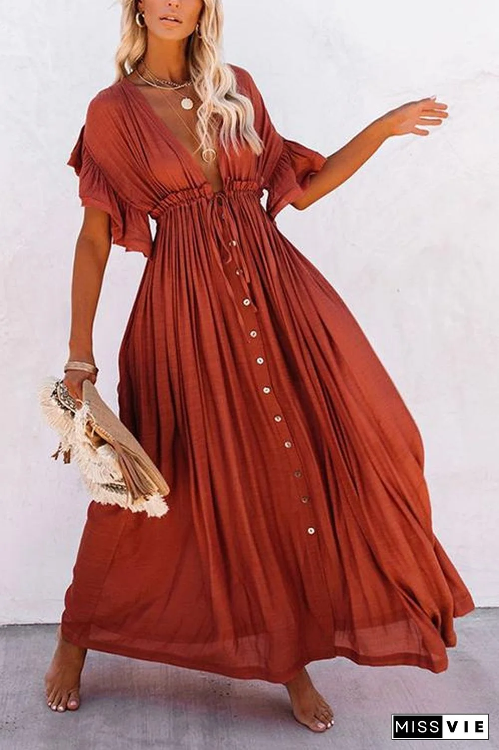 Button Drawstring Waist Bat Maxi Cover Dress