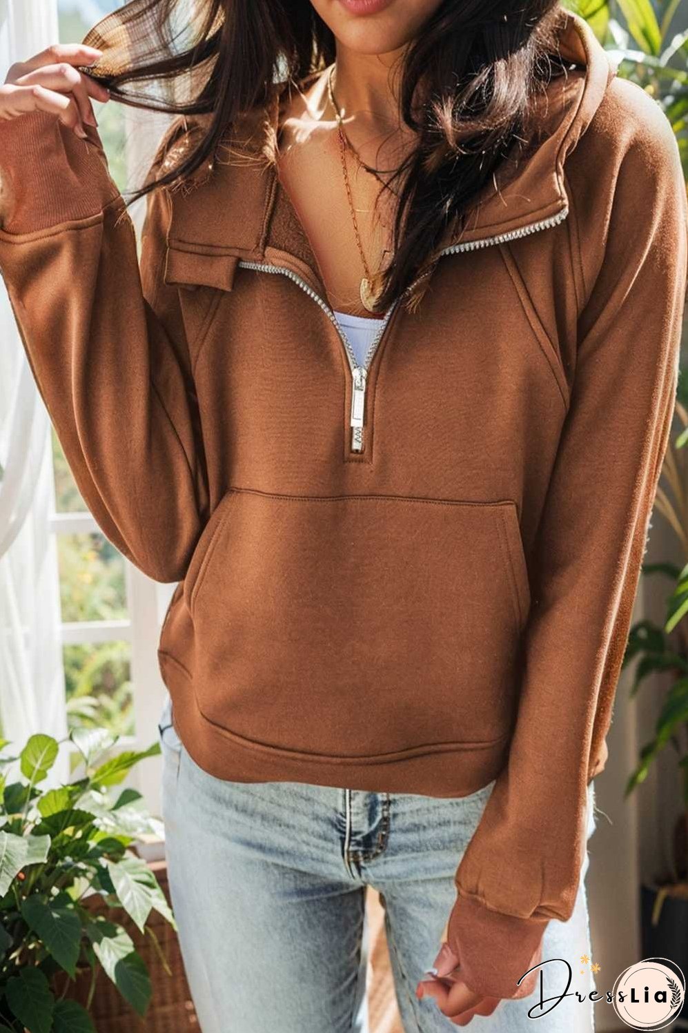 cozy brown hoodie with kangaroo pocket and quarter zip
