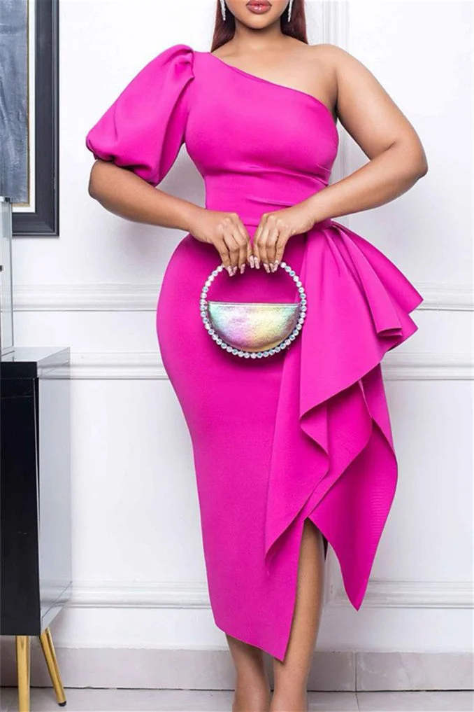 Slant Neck Split Ruffle Sexy Dress