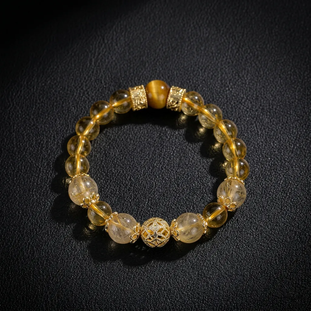 JiStones | Prosperity Aura: Golden Rutilated Quartz & Tiger Eye Artisan Bracelet Celestial Gold - Elite Rutilated Quartz