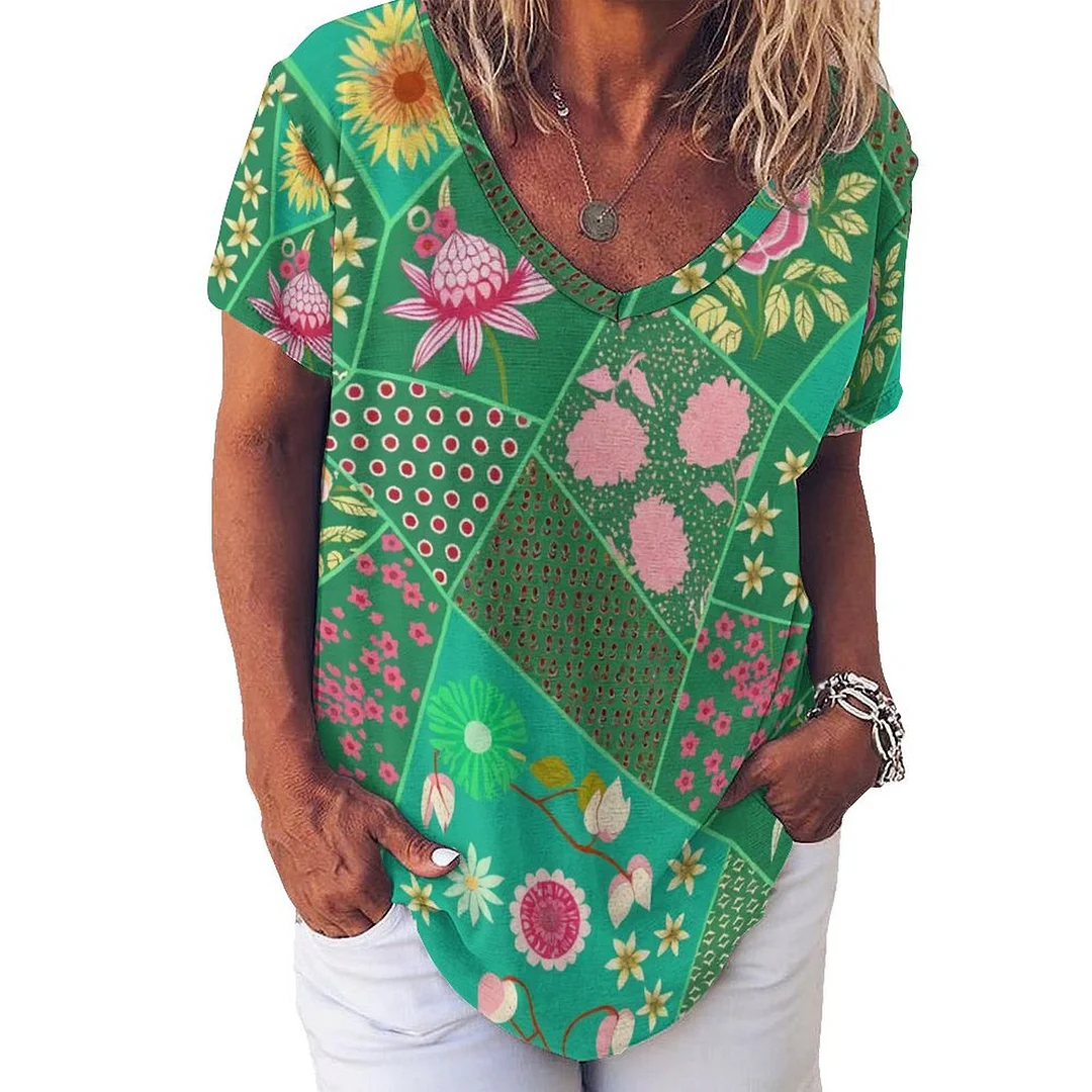 V-neck Short Sleeve Casual T-shirt for  Women Printed with Pattern Splicing, Green, Pink, Floral