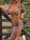 Sexy Tiger Print V-Neck Ring Long Sleeve Top&High-Waisted Skirt Vacation Suit
