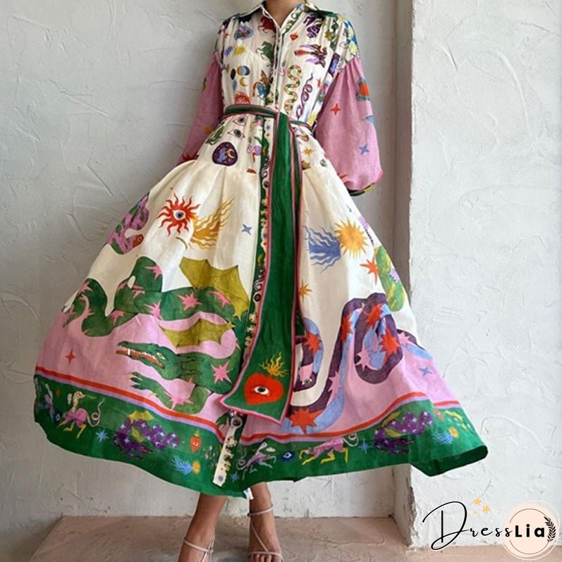 Women's Sleeve Printing Lapel Long Sleeves Large Dresses