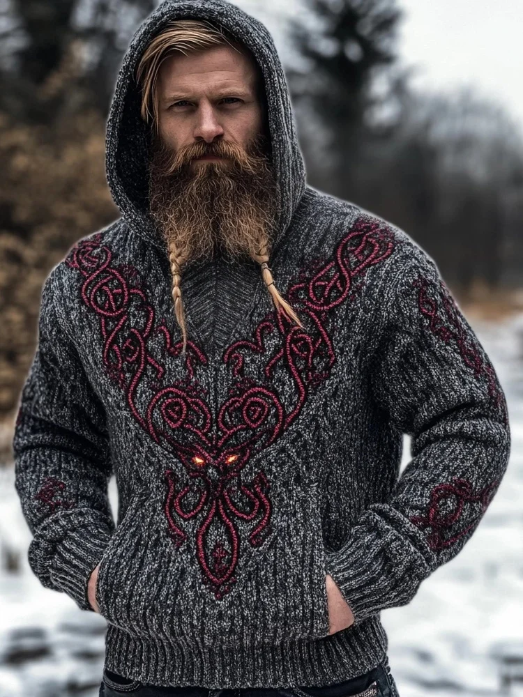 Men's Viking Inspired Embroidered Cozy Chunky Hooded Sweater