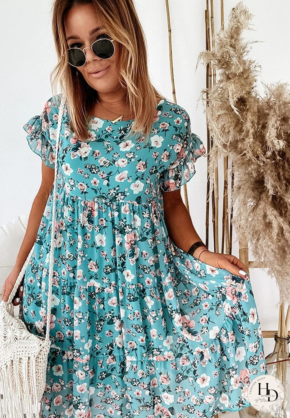 Short Sleeve Round Neck Fashion Sexy Printed Flounce Dress