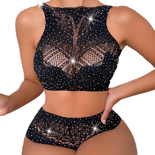 Lovingerie - Black Split Mesh Dress with Hot Drilling Bodysuit Queen of the Ball Lingerie