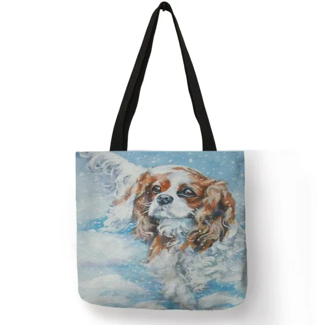 Linen Eco-friendly Tote Bag - Kawaii Puppies Charles Spaniel Dog Oil Painting