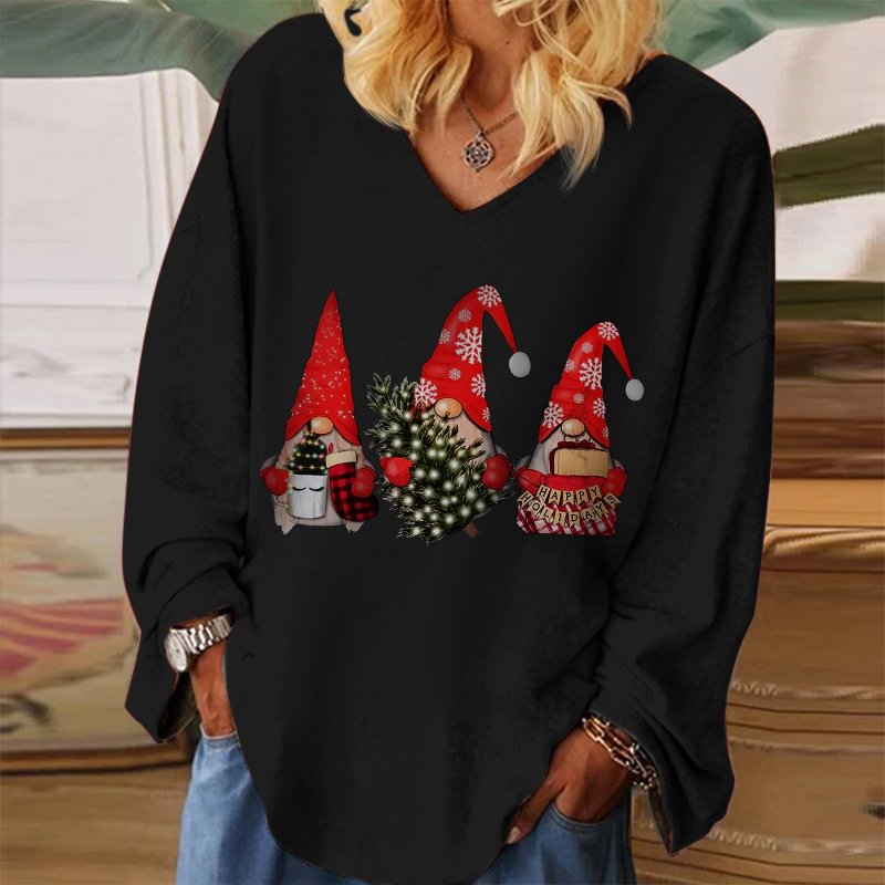 Christmas Gnomes Print V-neck Black Long Sleeve T-shirt