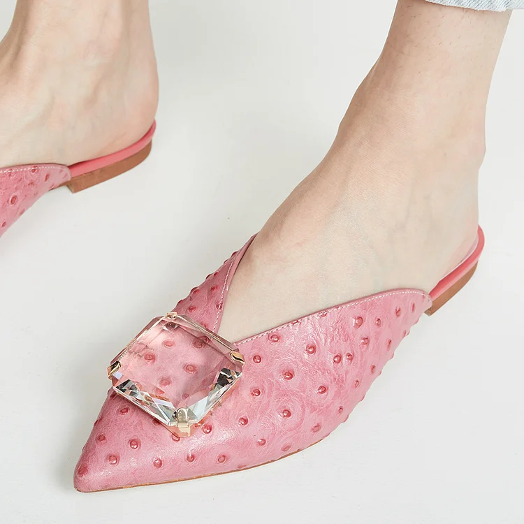 Pink Faux Ostrich Leather Pointy Toe Crystal Square Buckle Flat Mules |FSJ Shoes