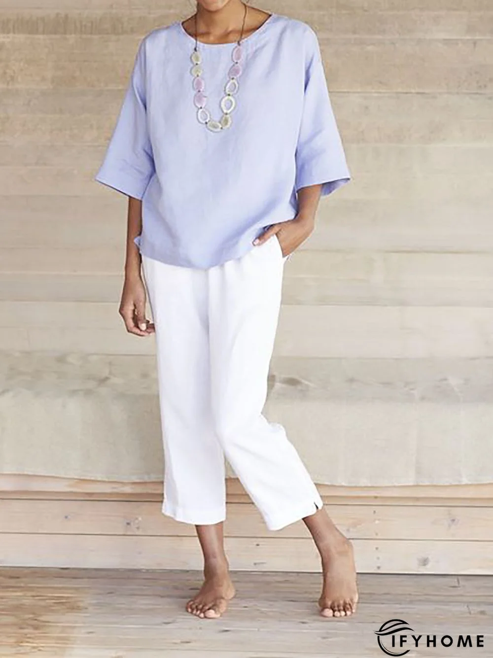 3/4 Sleeve Solid Casual Crew Neck T-Shirt | IFYHOME