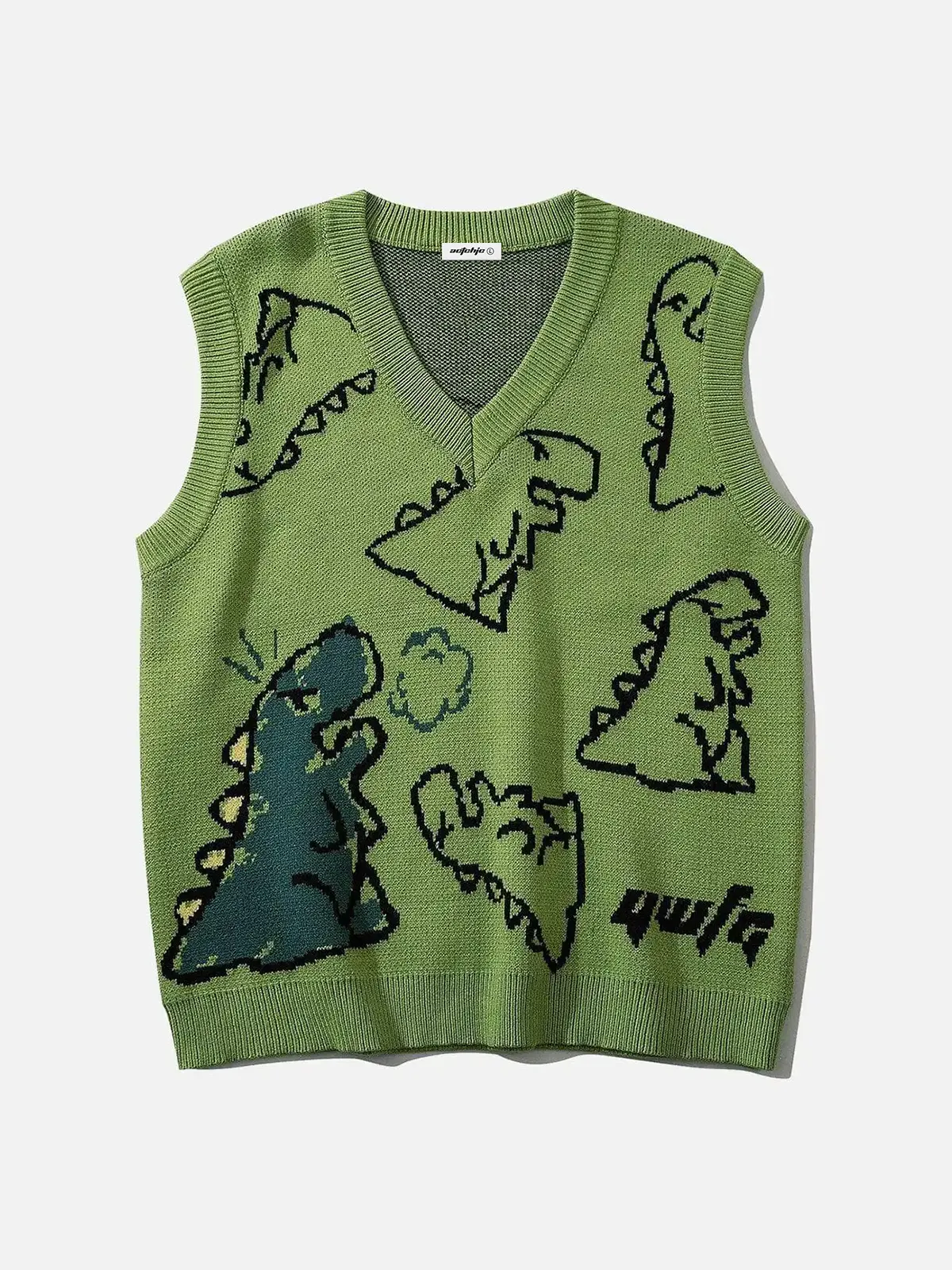 Green Cartoon Dinosaur Graphic Sweater Vest Front