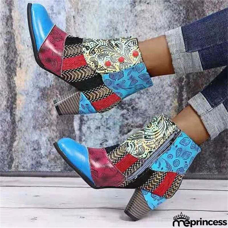 Bohemian Style Fashion Color Matching Zipper Chunky Heel Ankle Boots