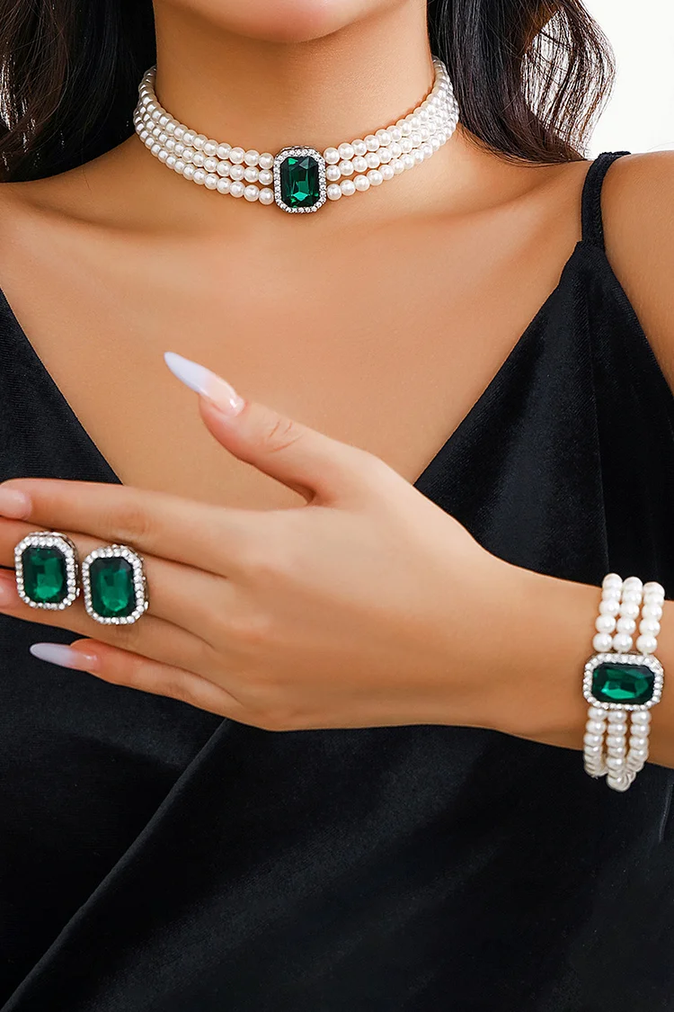 Fashion Rhinestone Multilayer Pearl Choker Earrings Ring Bracelet Jewelry Set 2024 - Xpluswear