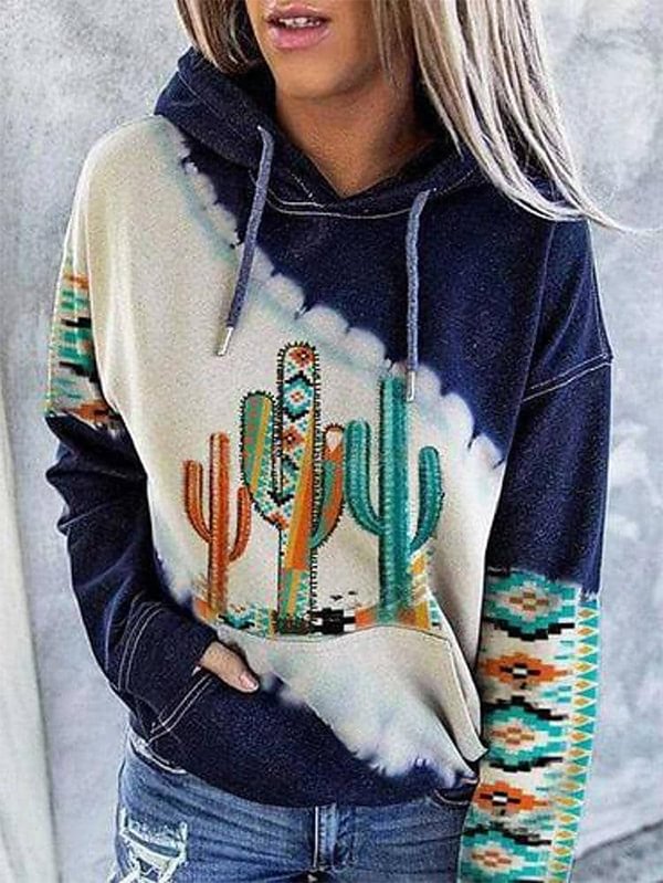 Women's Cactus Print Tie Dye Long Sleeve Hoodie