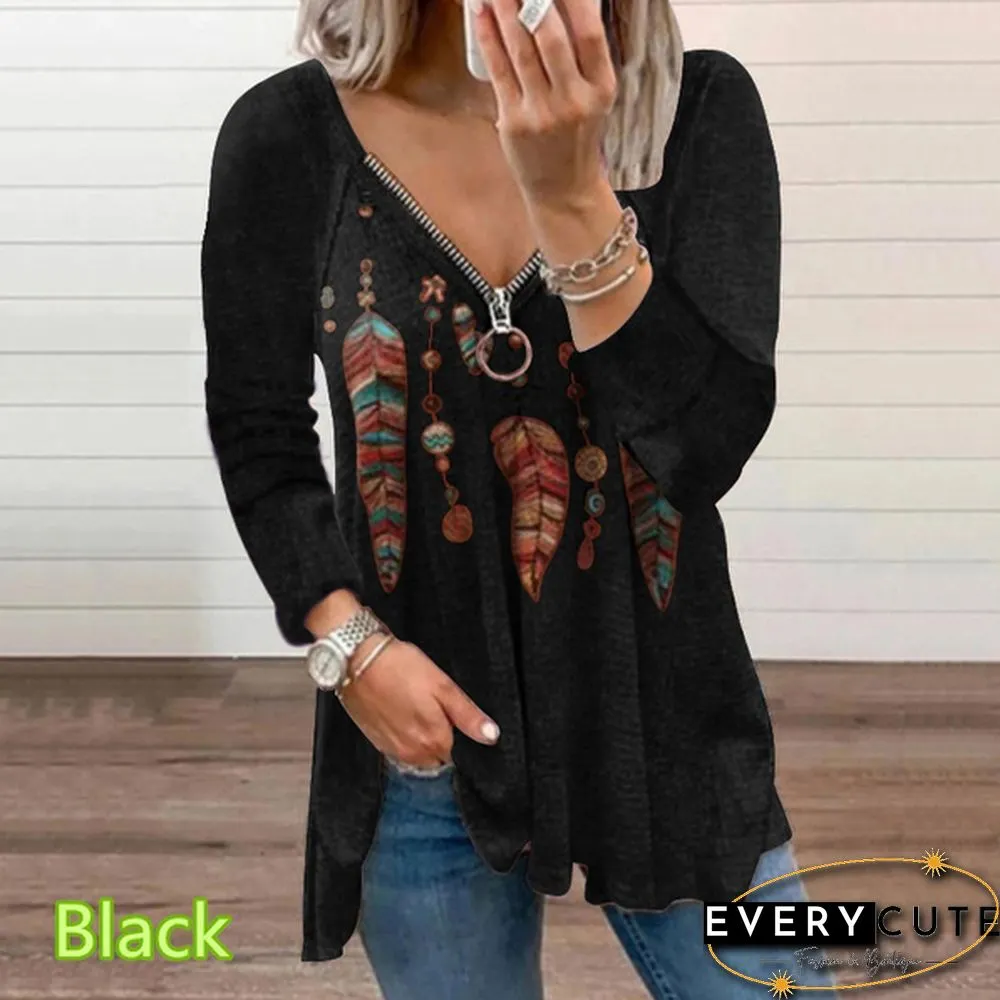 Spring and Early Autumn New Fashion Womens Feather Plaid Printed Casual Plus Size Long