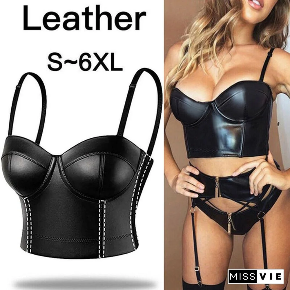 Plus Size PU Leather Crop Top Gothic Punk Push Up Women's Korsett Top Bra Black Club Party Crop Top Racer Sports