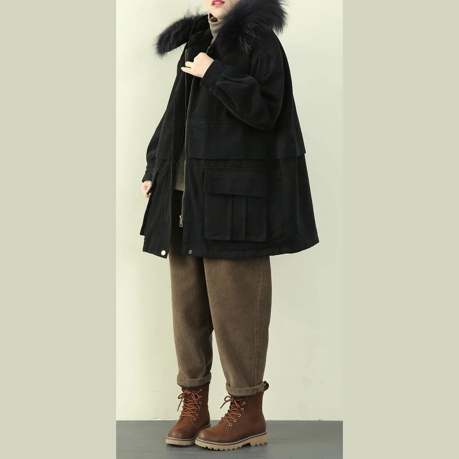 Luxury black winter coats plus size clothing hooded faux fur collar overcoat