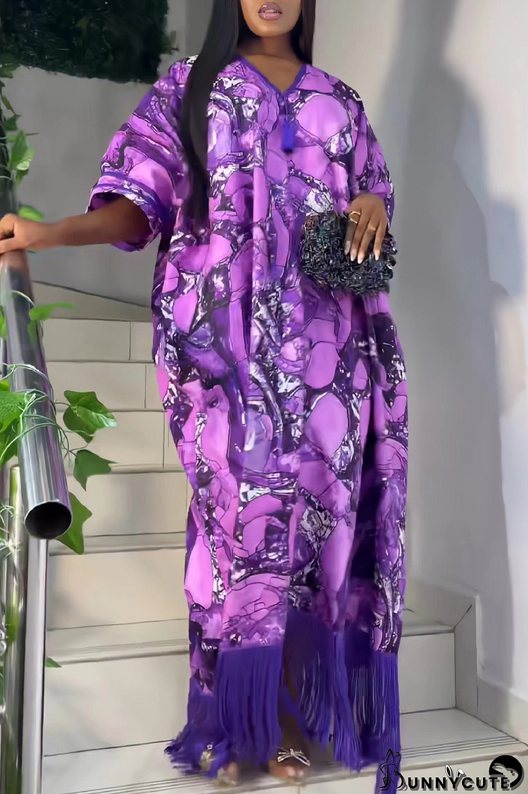 Purple Plus Size Print Tassel Patchwork V Neck Straight Dresses(With Headscarf)