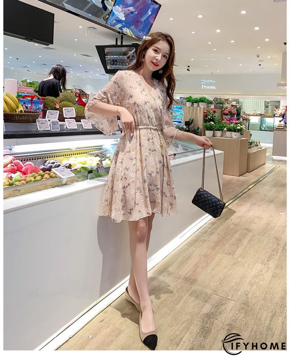 Spring Summer Chiffon Women V-Neck Floral Print Short Dresses Sweet Ruffle Sleeeve Slim Drawstring Ladies Dress | IFYHOME