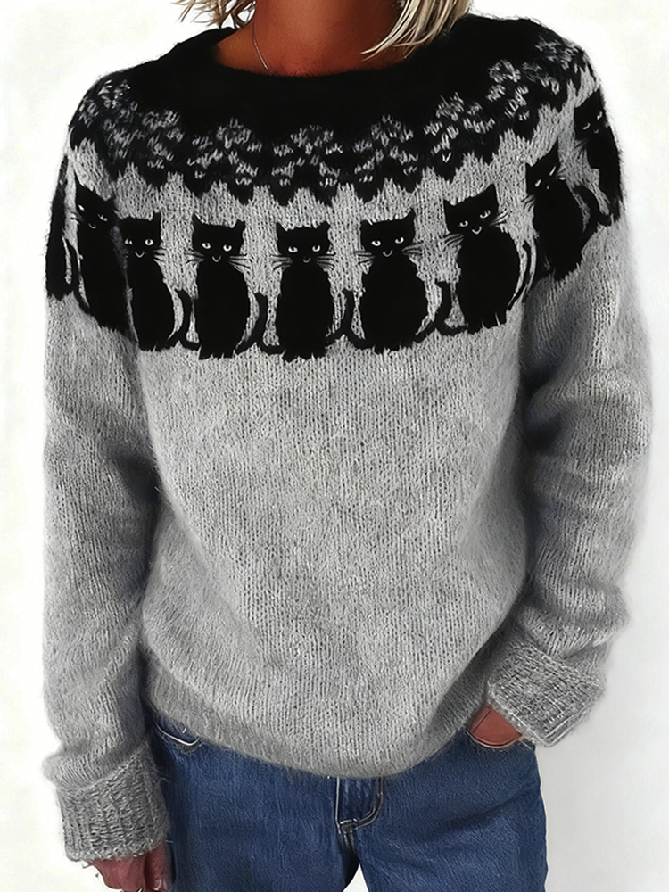 Retro Cute Cat Pattern Women's Round Neck Knitted Sweater elevenforest
