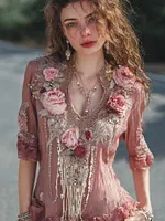 Bohemian Pink Floral V-neck Top