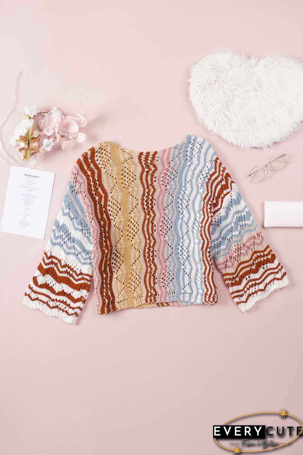 Multicolor Stripe Knit Hollow Out Drop Shoulder Sweater