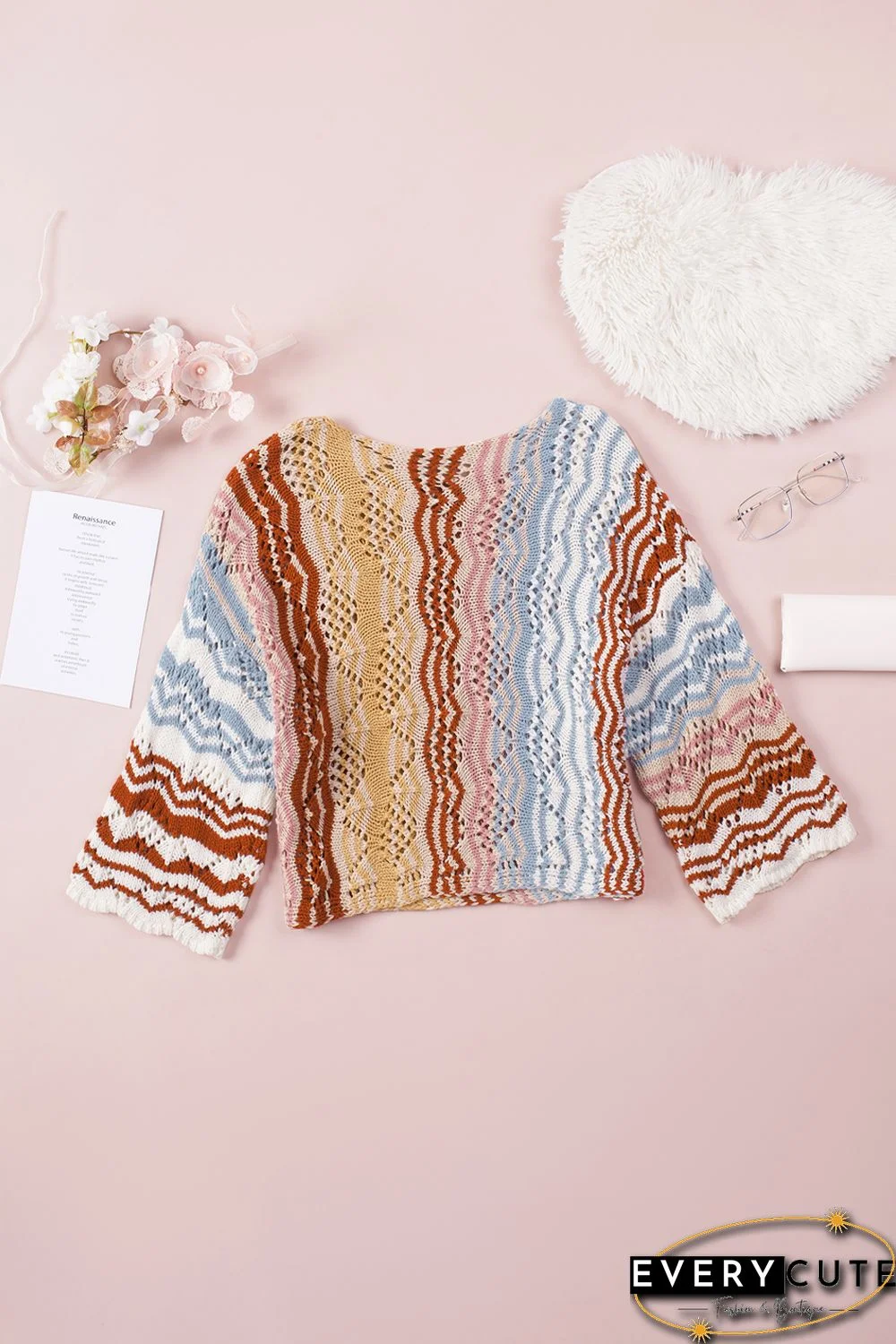 Multicolor Stripe Knit Hollow Out Drop Shoulder Sweater