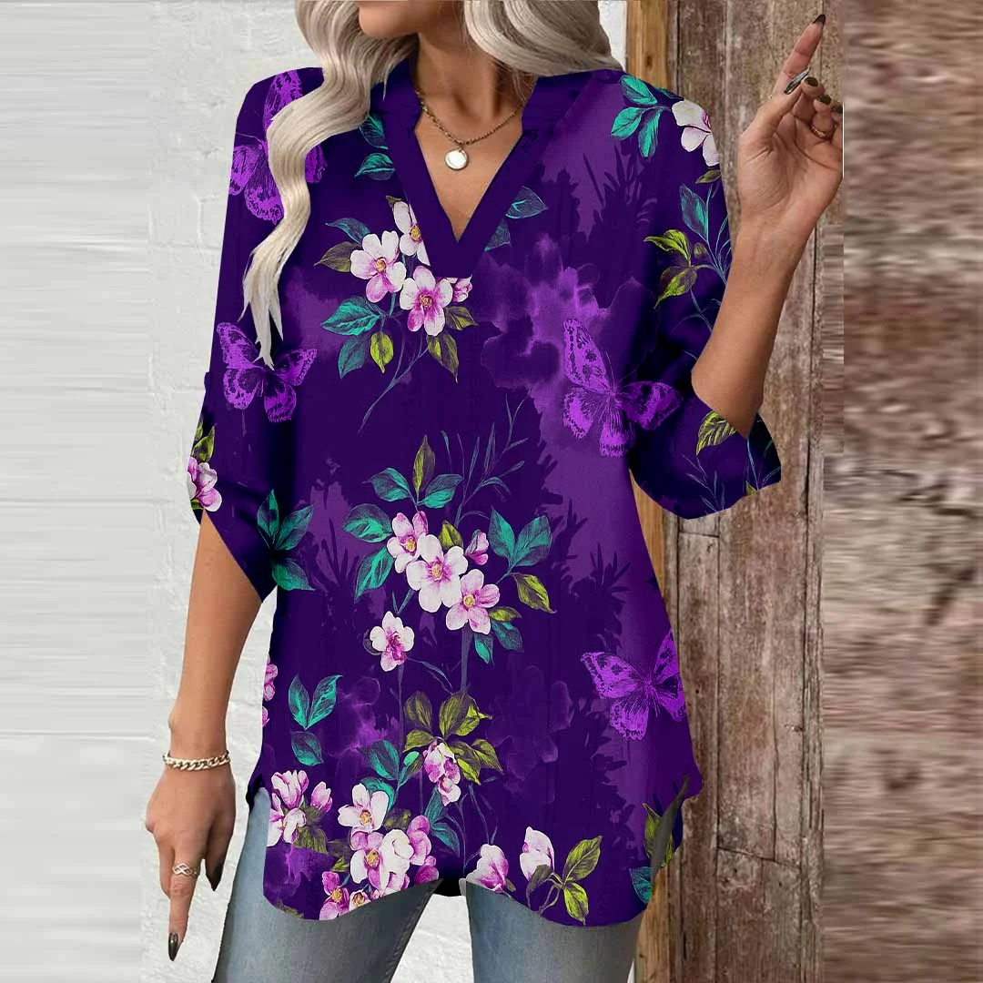 Women Floral, Purple, Pink DZGA0646 3/4 Sleeve V-neck Printed Graphic Button Tops