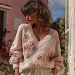 Vintage Boho Roses V Neck Cozy Knit Sweater - Image 2