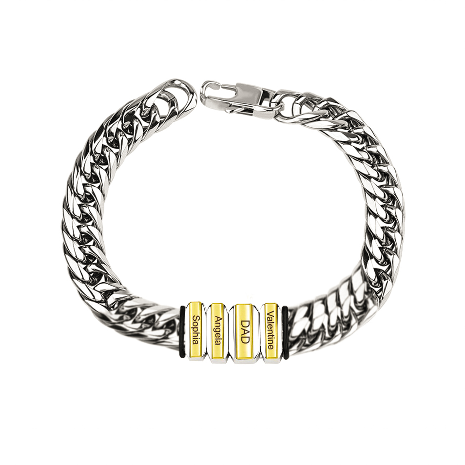 Personalized Mens Cuban Link Chain Bracelet Engraved 4 Beads Father's Day Gift