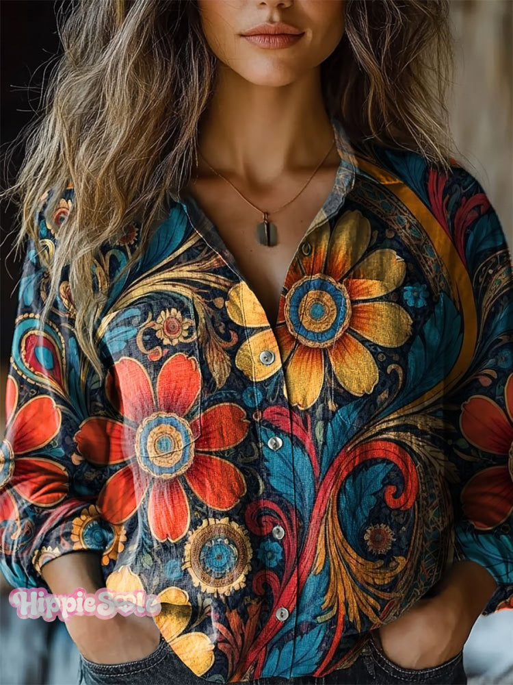 Women’s Retro Flowers Print Casual Long Sleeve Comfortable Cotton Shirt Multicolor / S
