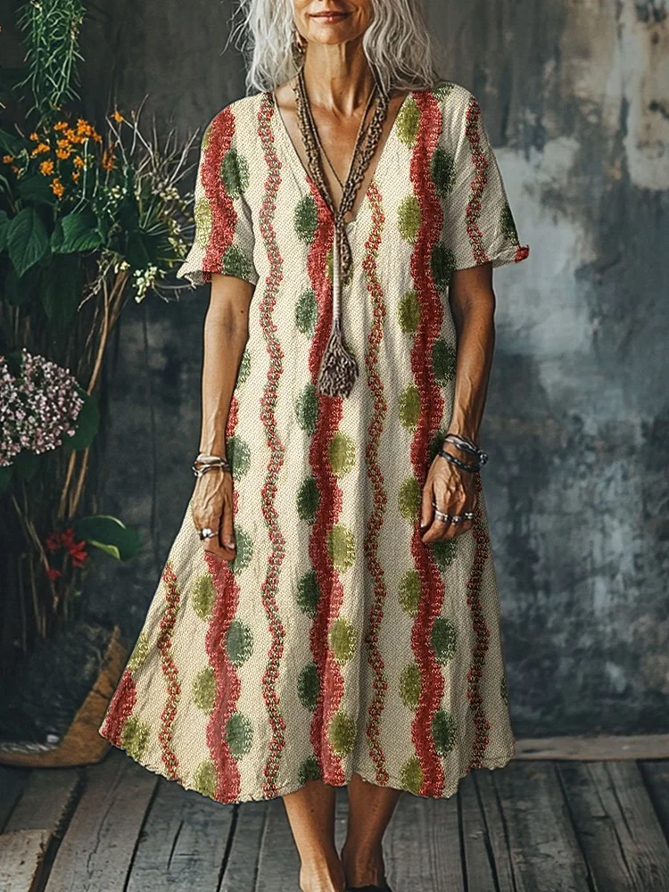 Women's Vintage Ripple Art Print Pocket Cotton Dress
