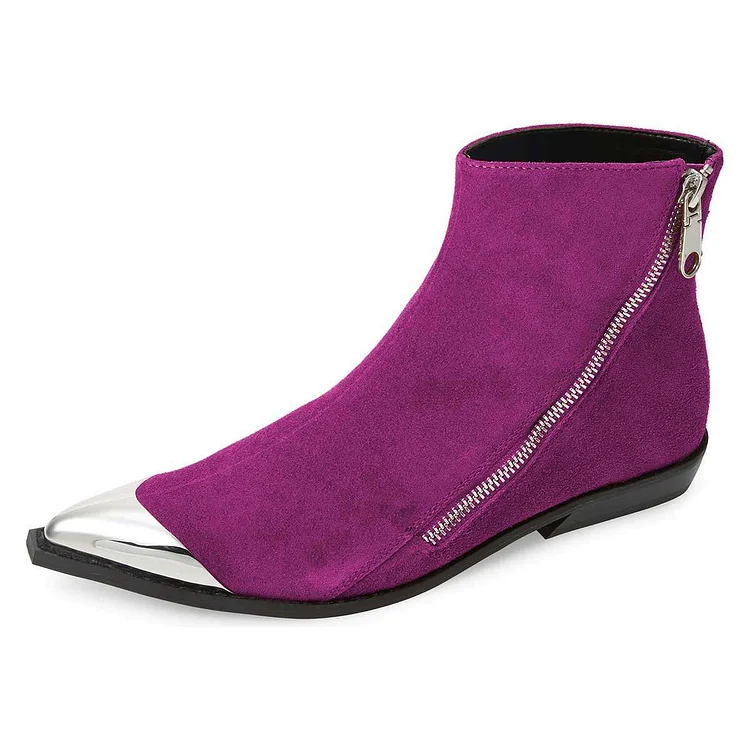 FSJ Purple Vegan Suede Silver Metal Cap Toe Zipper Flat Ankle Boots |FSJ Shoes