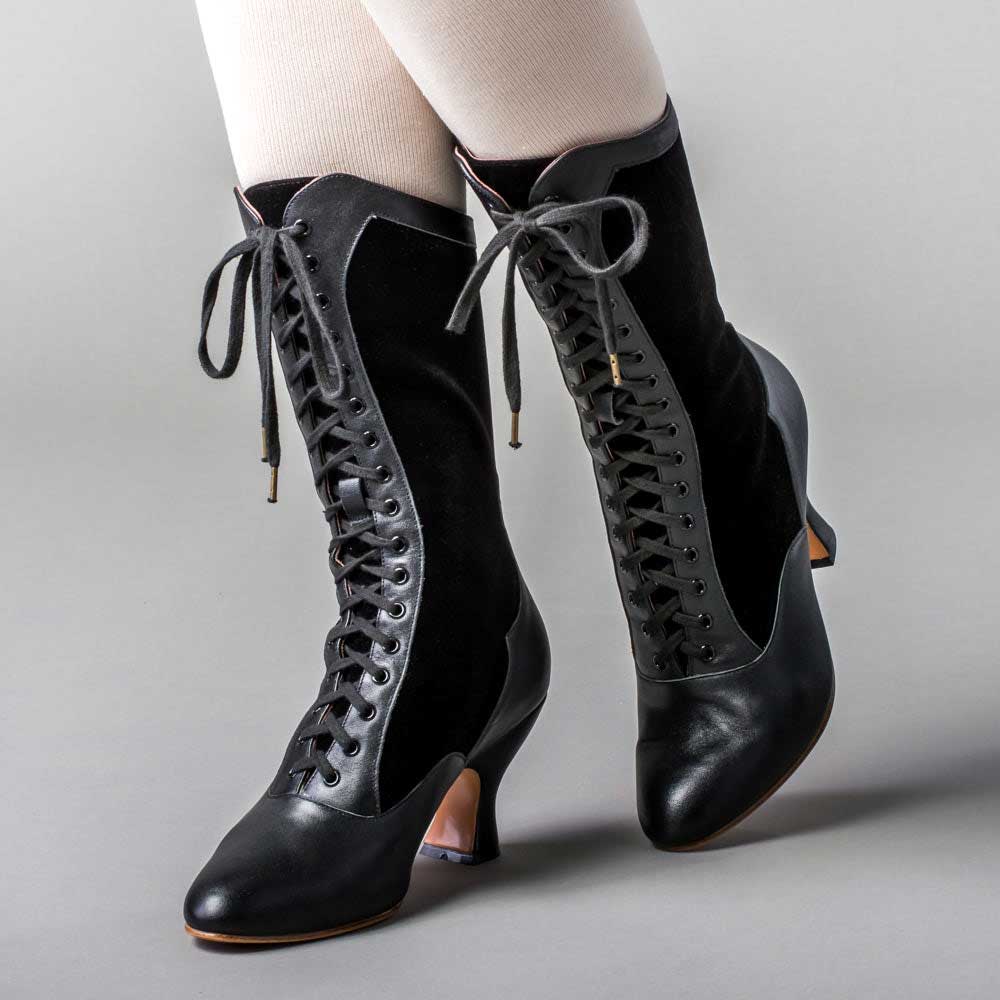 Vintage Black Almond Toe Spool Heel Lace-Up Mid Calf Boots for Women Nicepairs