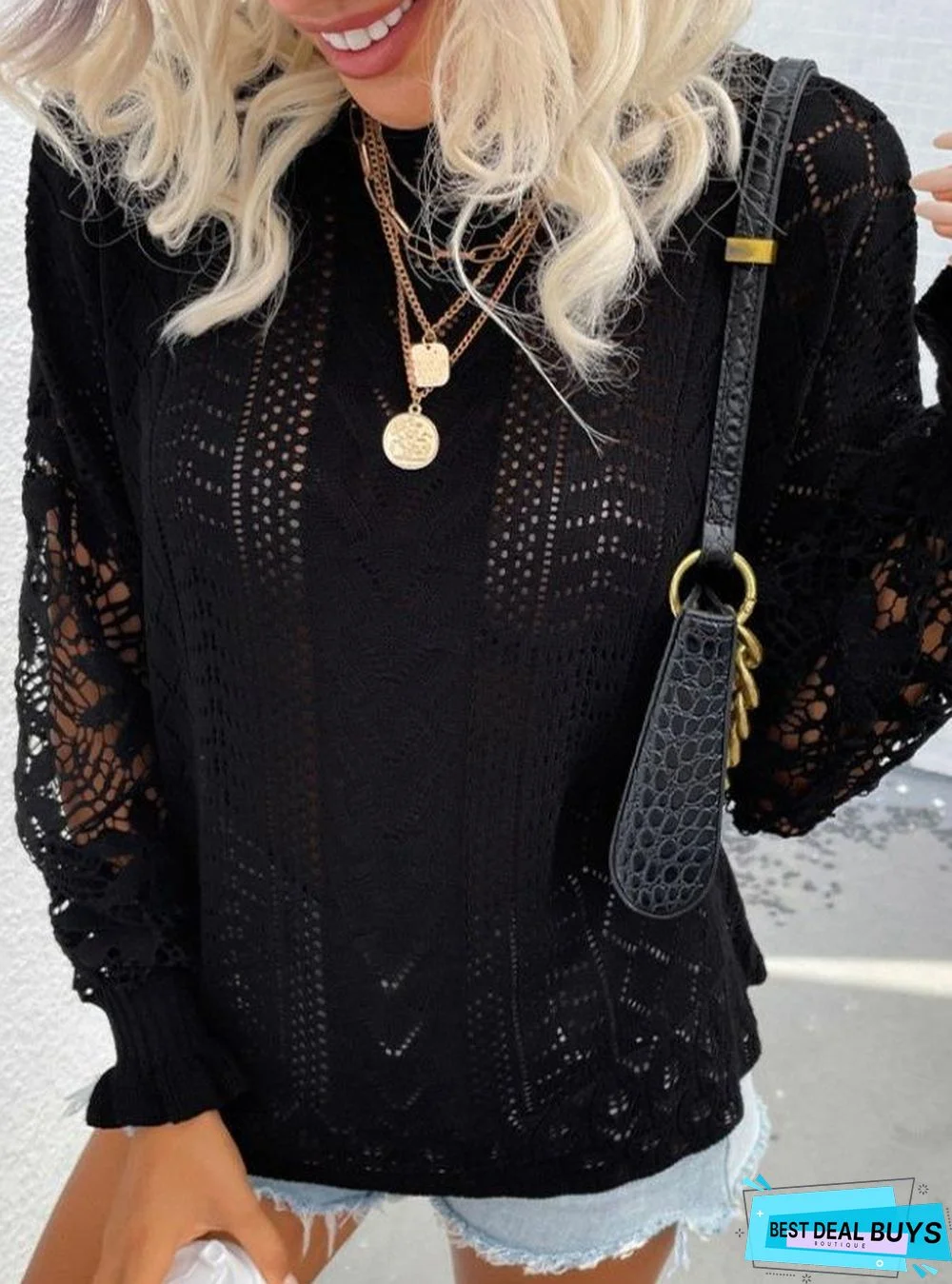 Fashion Solid Color All-Match Lace Stitching Sweater