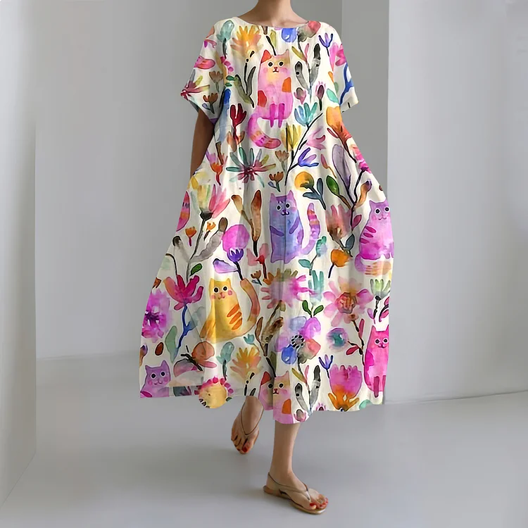 Simpfit Damenkleid mit Rundhalsausschnitt und Blumenmuster im Vintage-Stil mit Katzenmotiv